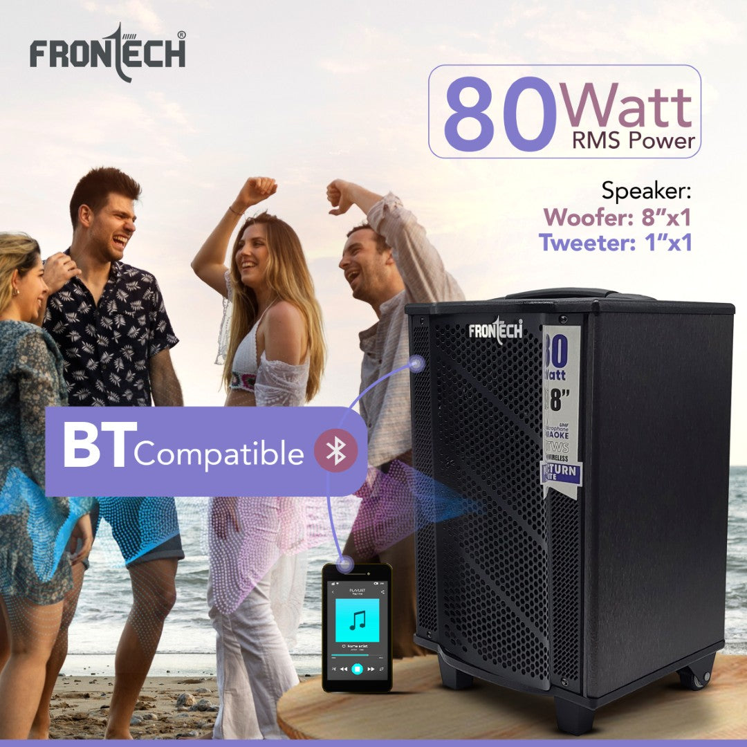 Frontech Nocturn Lite 80W Trolley Speaker | Wireless Mics, USB/BT/FM, Guitar & MIC Input, Rechargeable (SW-0221) Frontech Nocturn Lite 80W Trolley Speaker | Wireless Mics, USB/BT/FM, Guitar & MIC Input, Rechargeable (SW-0221)